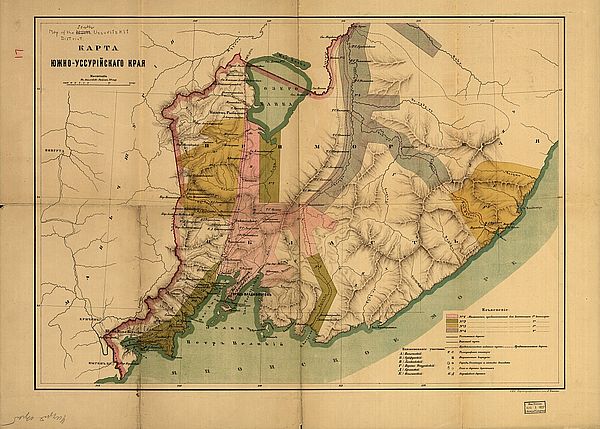 Карта Южно-Уссурийского края 1870-х годов с указанием местностей, предполагаемых для колонизации